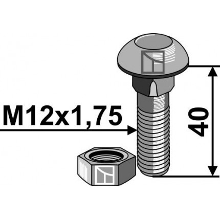 Болт с круглой головкой М12x1,75х40 с гайкой - 10.9