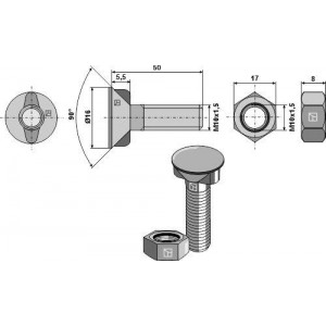 Болт для плуга M10x1,5x50 с шестигранной гайкой