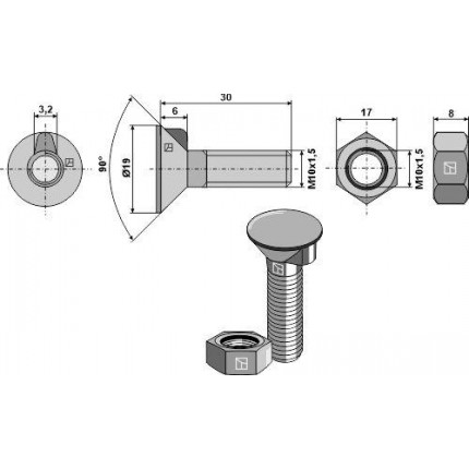 Болт для плуга M10x 1,5x 30 с шестигранной гайкой
