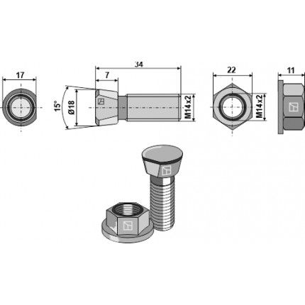 Болт с конусной головкой M14x2x34 гайка с буртиком
