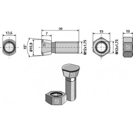 Болт для лапы M12 x 1,75 x 50 с шестигранной гайкой