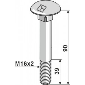 болт с полукруглой низкой головкой M16x2x90, оцинкованный без гайки