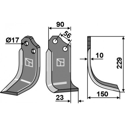 Ротационный зуб 229x90мм, правый